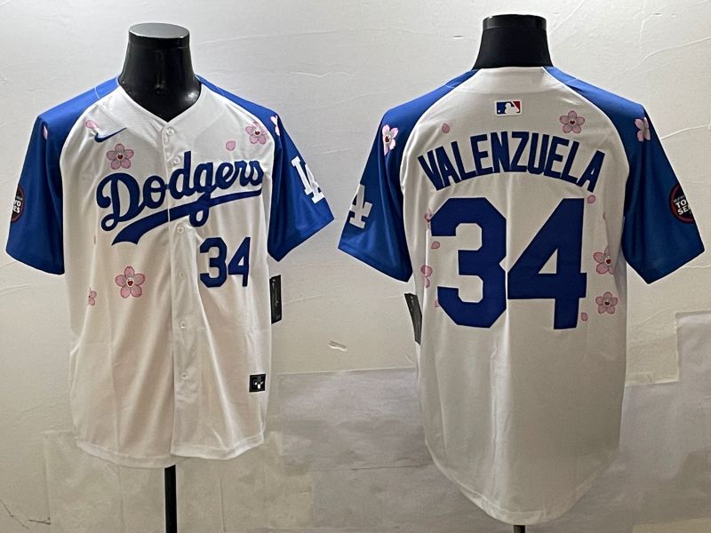 Men Los Angeles Dodgers #34 Valenzuela White Blue Sakura Edition 2025 Nike MLB Jersey style 8
